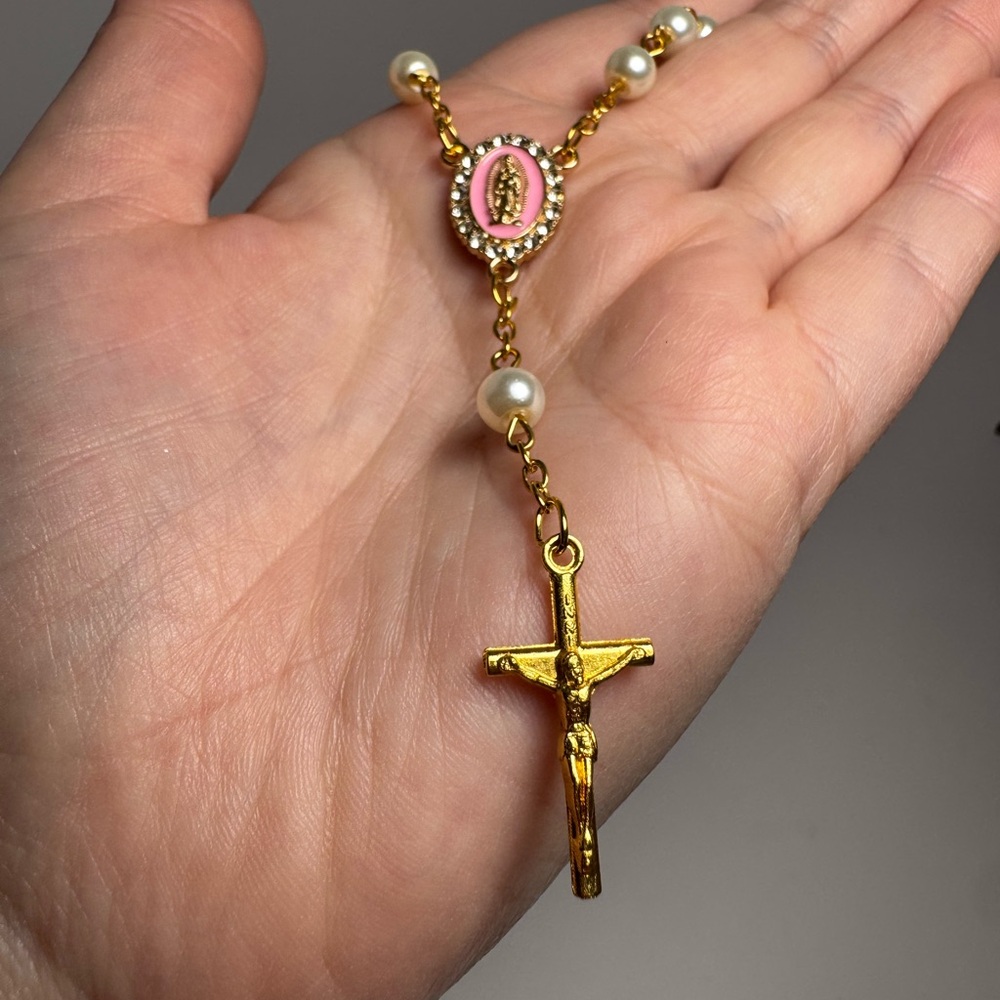 Pink & Gold Rosary Bag Charm/Keychain | Pearls, Crucifix & Lady Guadalupe Accent - Picture 10 of 12
